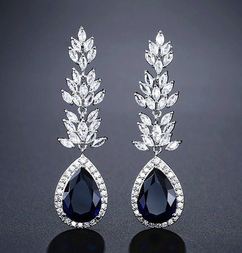 Brinco Zirconia Prata Azul Gota Pendurado Festa Debutante