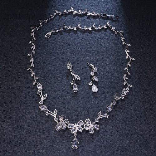 Colar E Brinco Noiva Zircônia Prata Festa Debutante Luxo