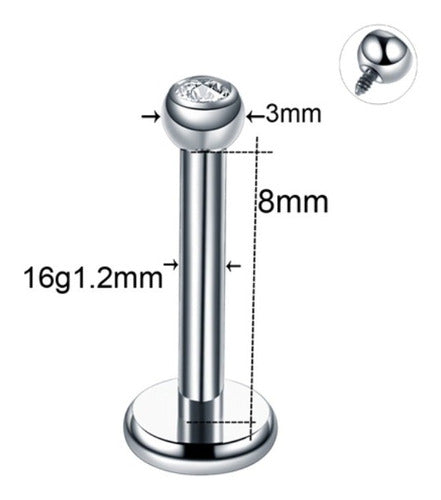 Piercing Tragus Titânio Flat Helix Labret Pedra Zirconia