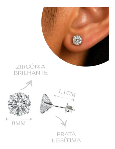 Brinco Ponto De Luz Brilhante Prata 925 Zircônia Grande 8mm Prateado