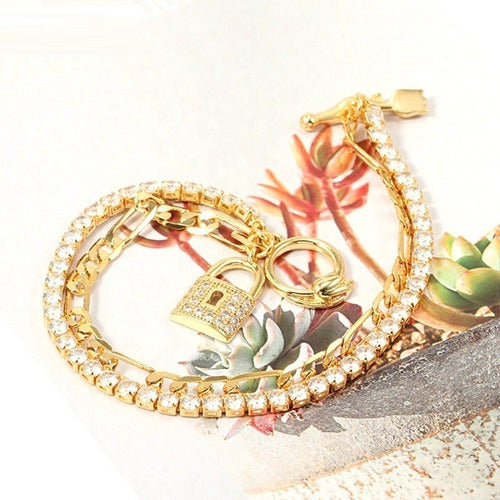 Pulseira Bracelete Dourada Cadeado Pedra Zircônia Riviera
