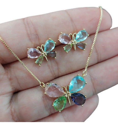 Colar Brinco Borboleta Pedra Zirconia Colorido Banhado Ouro