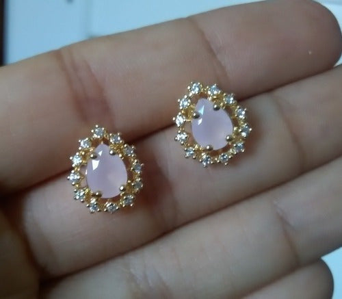 Conjunto Colar E Brinco Gota Pedra Rosê Zirconia F Ouro 18k