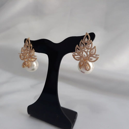 Brinco Noiva Zirconia E Pérola Dourado F Ouro Delicado Luxo