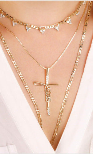 Colar Cruz Crucifixo Jesus Zirconia Dourado F. Ouro 18k