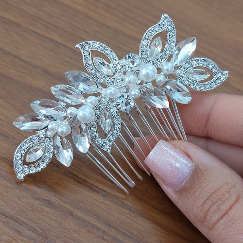 Arranjo Enfeite Cabelo Noiva Prata Strass Perola