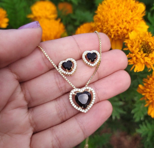 Conjunto Colar E Brinco Coração Pedra Zirconia Preto Verde
