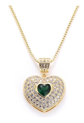 Colar Corrente Pedra Zirconia Coração Semijoia Verde F. Ouro