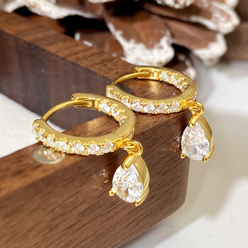 Brinco Argola Com Pedra De Zircônia Gota Folheado Ouro 18k