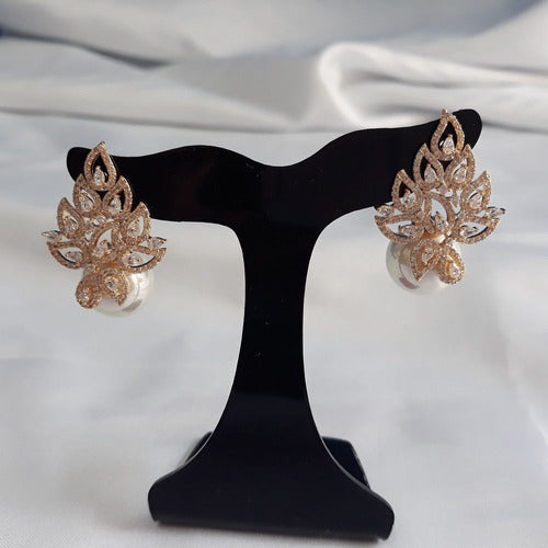 Brinco Noiva Zirconia E Pérola Dourado F Ouro Delicado Luxo