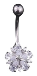 Piercing De Umbigo Prata Flor Zirconia Pequeno Aço 316