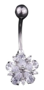 Piercing De Umbigo Prata Flor Zirconia Pequeno Aço 316