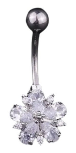 Piercing De Umbigo Prata Flor Zirconia Pequeno Aço 316