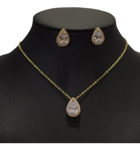 Conjunto Colar Brinco Noiva Pedra Zirconia Prata Dourad Gota