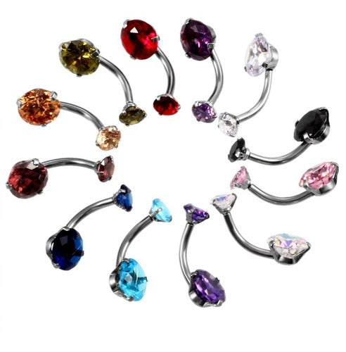 Piercing De Umbigo Prata 2 Pedras Aço Cirúrgico Zircônia