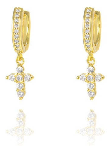 Brinco Argola Com Pedra De Zircônia Pingente Cruz F Ouro 18k