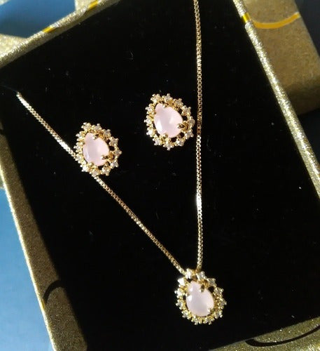 Conjunto Colar E Brinco Gota Pedra Rosê Zirconia F Ouro 18k