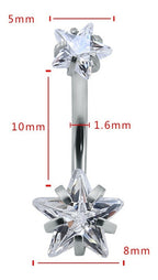 Piercing De Umbigo Prata 2 Estrela Aço Cirúrgico Zircônia