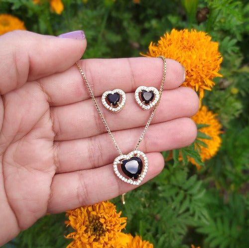 Conjunto Colar E Brinco Coração Pedra Zirconia Preto Verde