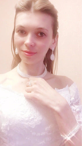 Conjunto Colar Chocker Pulseira Brinco Anel Noiva Strass