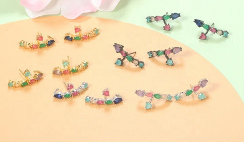 Brinco Ear Cuff  Pedra Zirconia Rodio Prata Colorido Pequeno