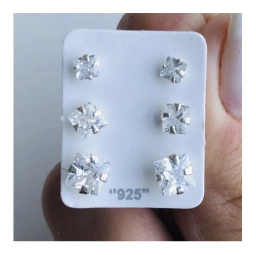 Trio Brinco Pedra Zirconia Quadrado Prata 925 3 4 5 Mm