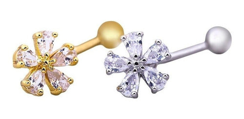 Piercing De Umbigo Prata Ou Dourado Flor Zirconia