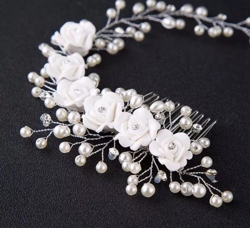 Tiara Enfeite Arranjo Cabelo Noiva Dama Perola Flor Strass
