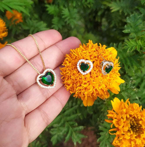 Conjunto Colar E Brinco Coração Pedra Zirconia Preto Verde