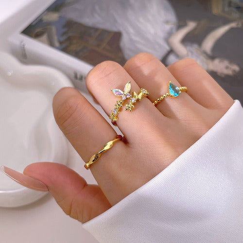 Anel Pedra Zirconia Festa Dourado Borboleta Furtacor Ajustav
