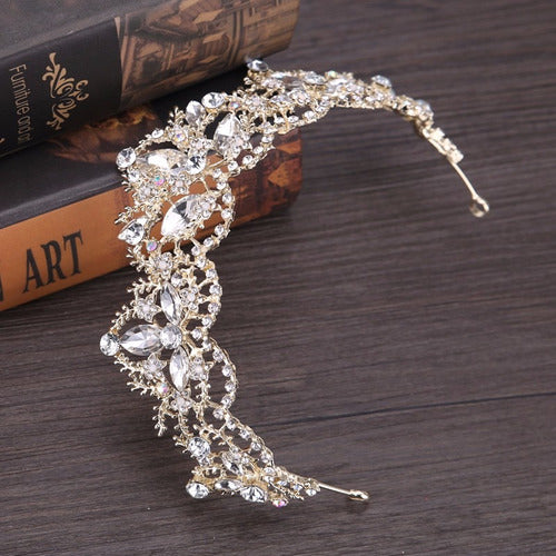 Coroa Tiara Arranjo Cabelo Noiva Strass Dourada Ouro Luxo
