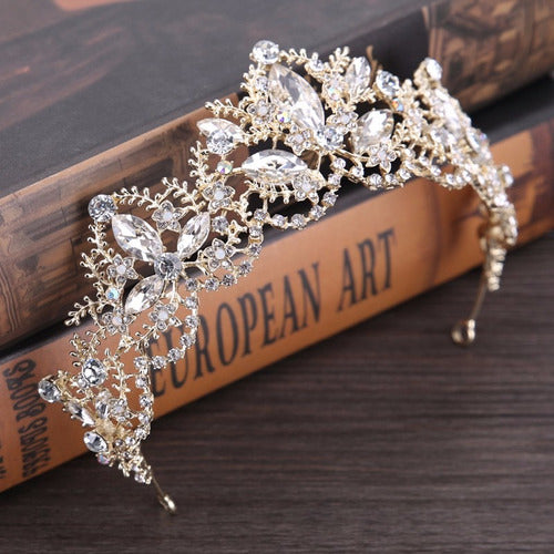 Coroa Tiara Arranjo Cabelo Noiva Strass Dourada Ouro Luxo