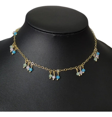 Colar Chocker Pedra Colorido Folheado A Ouro 18k Semi Joia