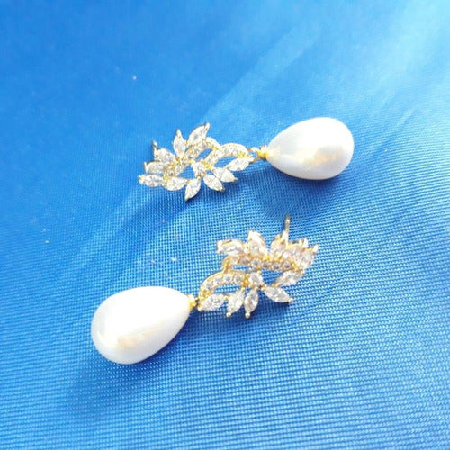 Brinco Pérola E Zirconia Noiva Pequeno Delicado Dourado Gota