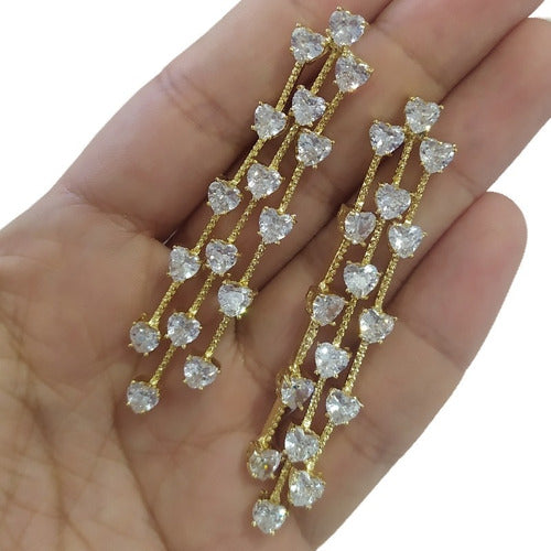 Brinco Noiva Dourado Zirconia Pendurado Debutante Festa Luxo