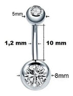 Piercing Umbigo 2 Pedras Aço Cirúrgico Haste De 6 8 10 Mm