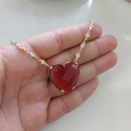 Colar Tiffan Coração Grande Pedra Zirconia Vermelho Marsala