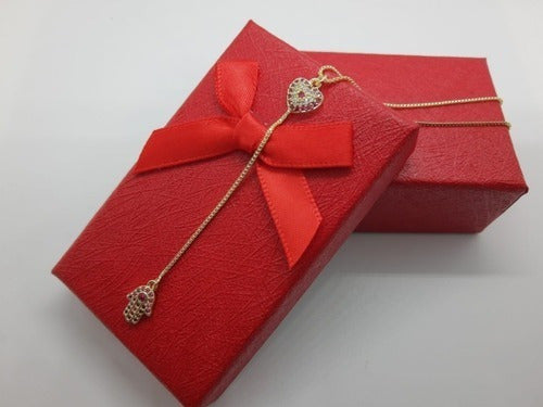 Colar Gravatinha Zirconia Prata Mão De Fátima Rubi Vermelho
