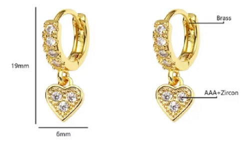 Brinco Argola Com Pedra De Zircônia Coração Pendurada F Ouro