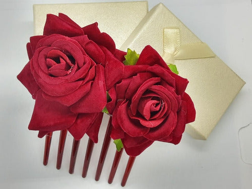 Enfeite Arranjo Cabelo Noiva Flor Dupla Tecido Rosa Vermelha