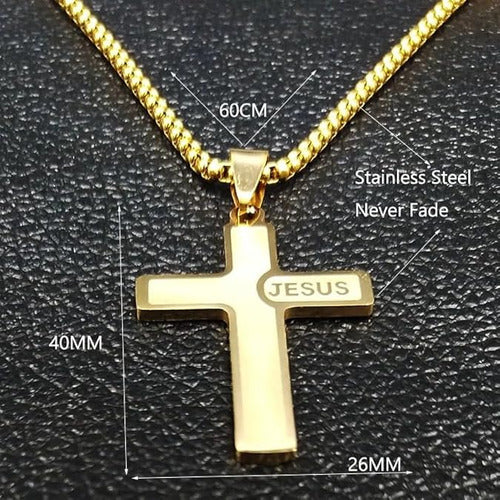 Corrente Masculina Aço Inox Cruz Jesus Preta Prata 60 Cm