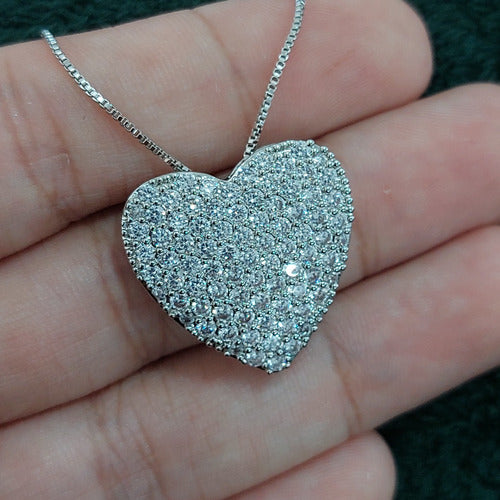 Colar Corrente Pedra Zirconia Coração Semijoia Banho D Rodio