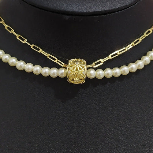 Colar Pérola Noiva Pedra Zirconia Folheado Ouro Semi Joia