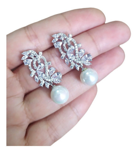 Brinco Zirconia E Pérola Prata Noiva Pendurado Delicado Fest