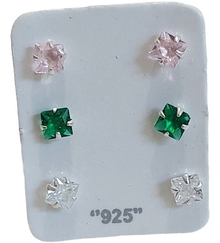 Trio Brinco Pedra Zirconia Ponto De Luz Prata 925 Colorido