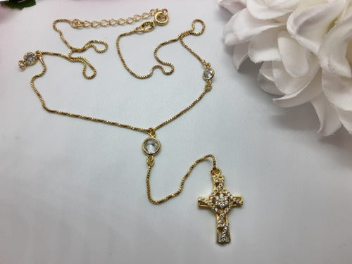 Colar Gravatinha Pedra Zirconia Cruz Dourado F. Ouro 18k