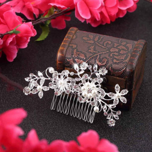 Arranjo Enfeite Cabelo Noiva Prata Strass Perola Barato