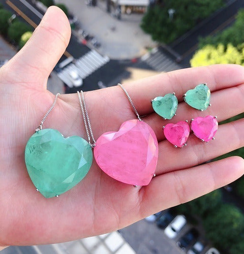 Conjunto Colar E Brinco Coração Pedra Zirconia Fusion Ice