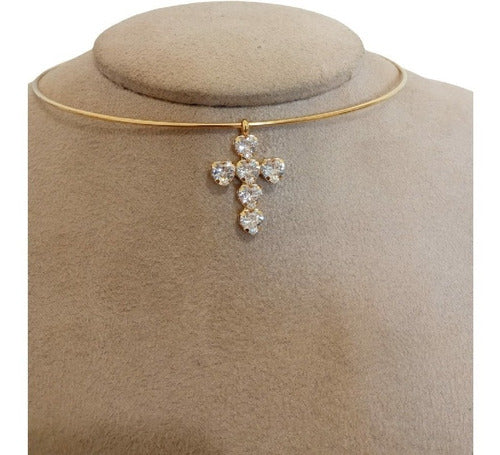 Colar Chocker Cruz Crucifixo Pedra Zirconia Folheado A Ouro