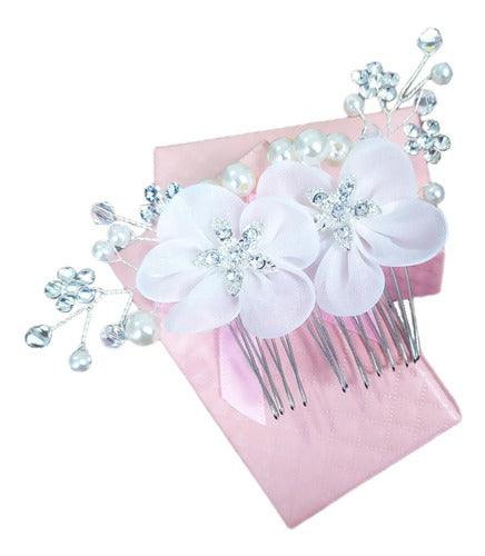 Arranjo Cabelo Noiva Flor Tecido Branco Prata Strass Pérola